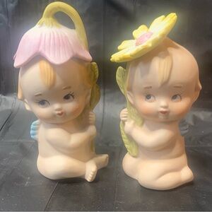 Lefton 2 Angel Babies Kewpie Ceramic with Flower Hats Pink Yellow Vintage